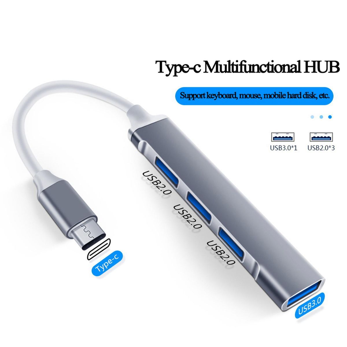 4-in-1 USB C Hub Multi-function Type C Docking Station with USB3.0*1+USB2.0*3 for Laptops Tablets Smartphones with Type C Port