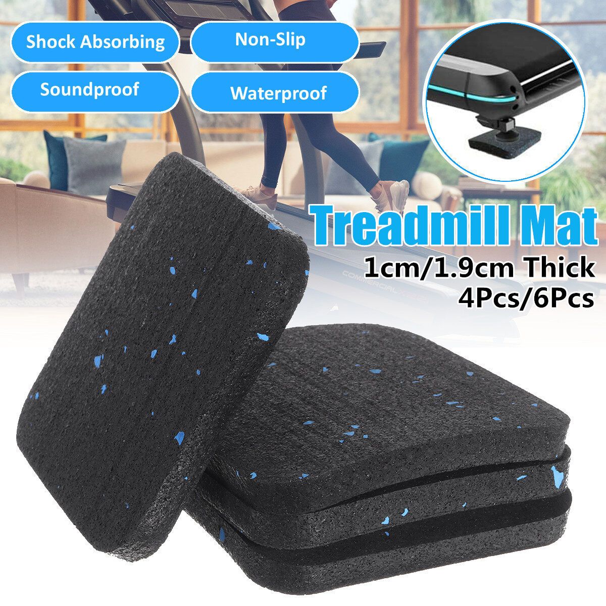 4Pcs/6Pcs Shock Absorbing Waterproof Non-Slip Rubber Pad Fitness 1.0Ply/1.9Ply Thickened Sound Insulation Rubber Cushion Home Treadmill Mat Exercise Mat 6Pcs 1.9ply