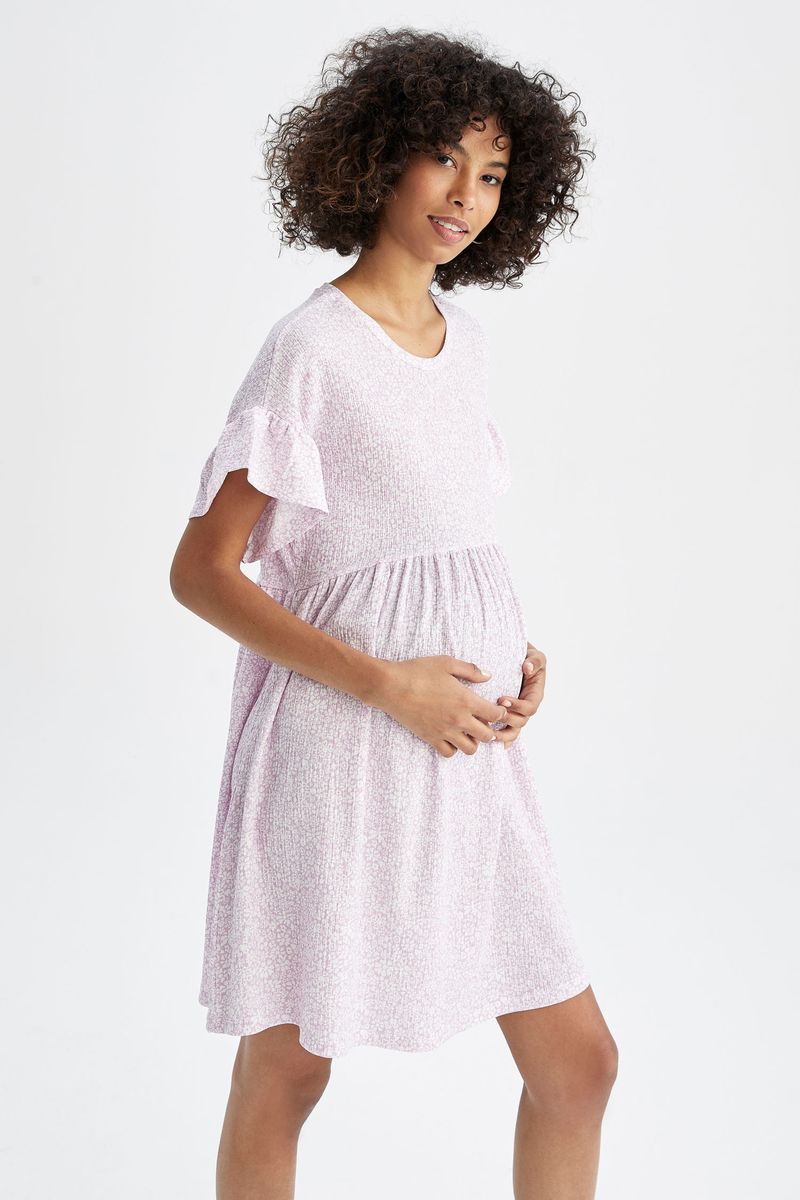 Woman - A Line Short Sleeve Maternity Dress - Purple