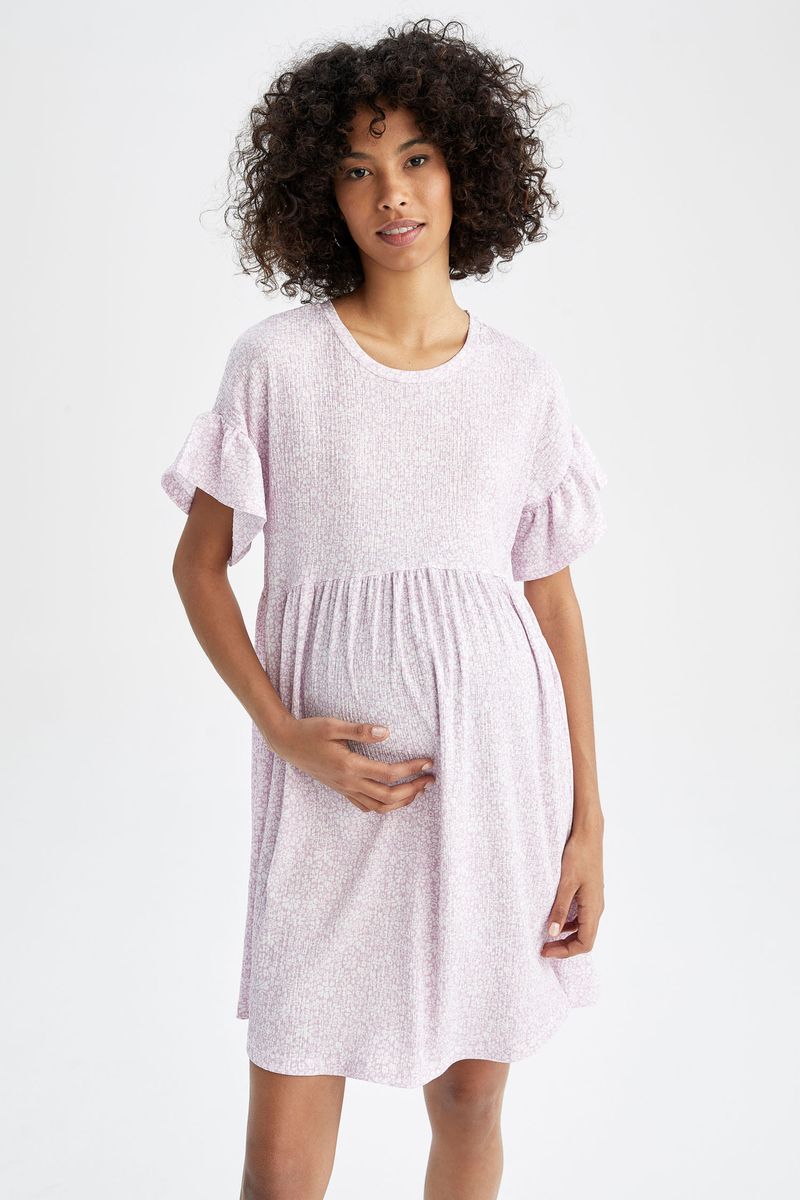 Woman - A Line Short Sleeve Maternity Dress - Purple