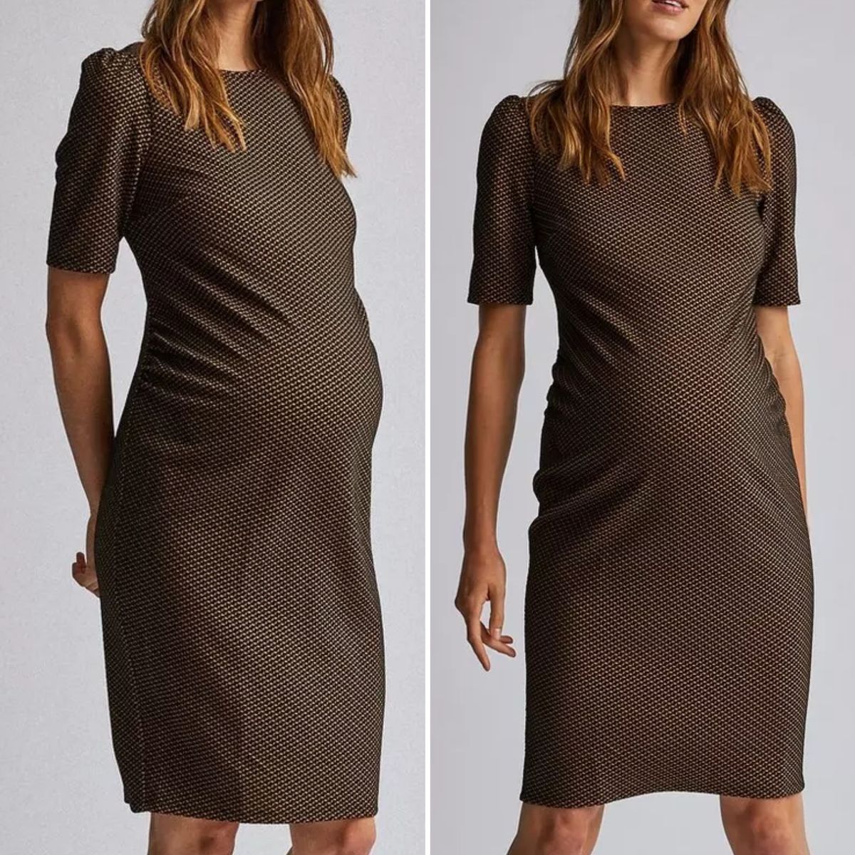 Geometric Ruched Side Brown And Black Maternity Dress