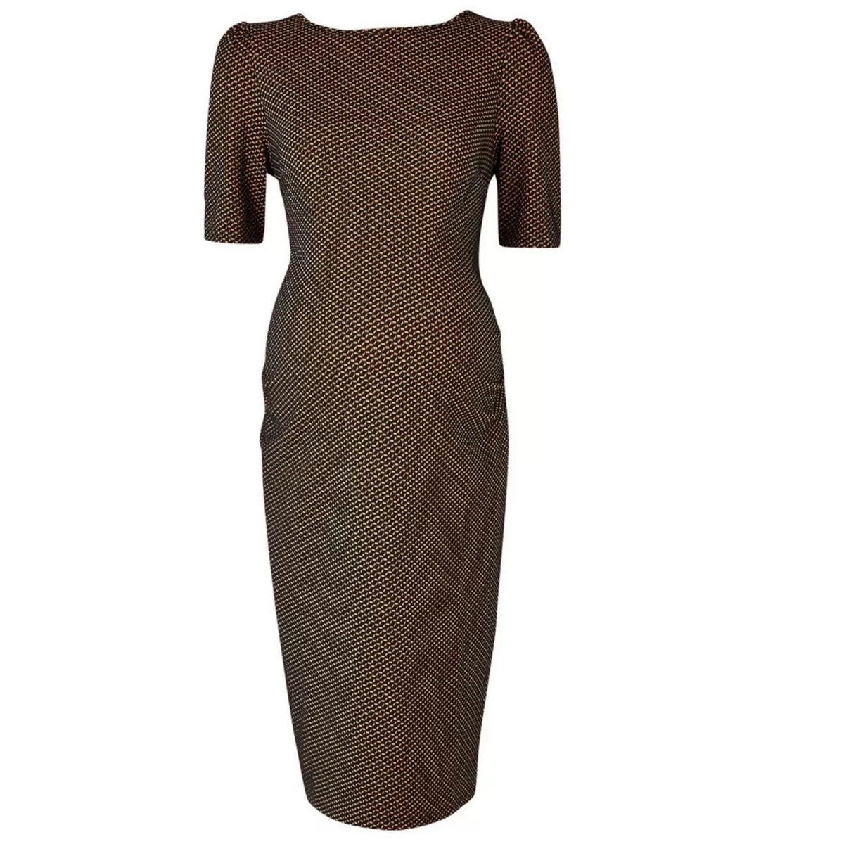 Geometric Ruched Side Brown And Black Maternity Dress