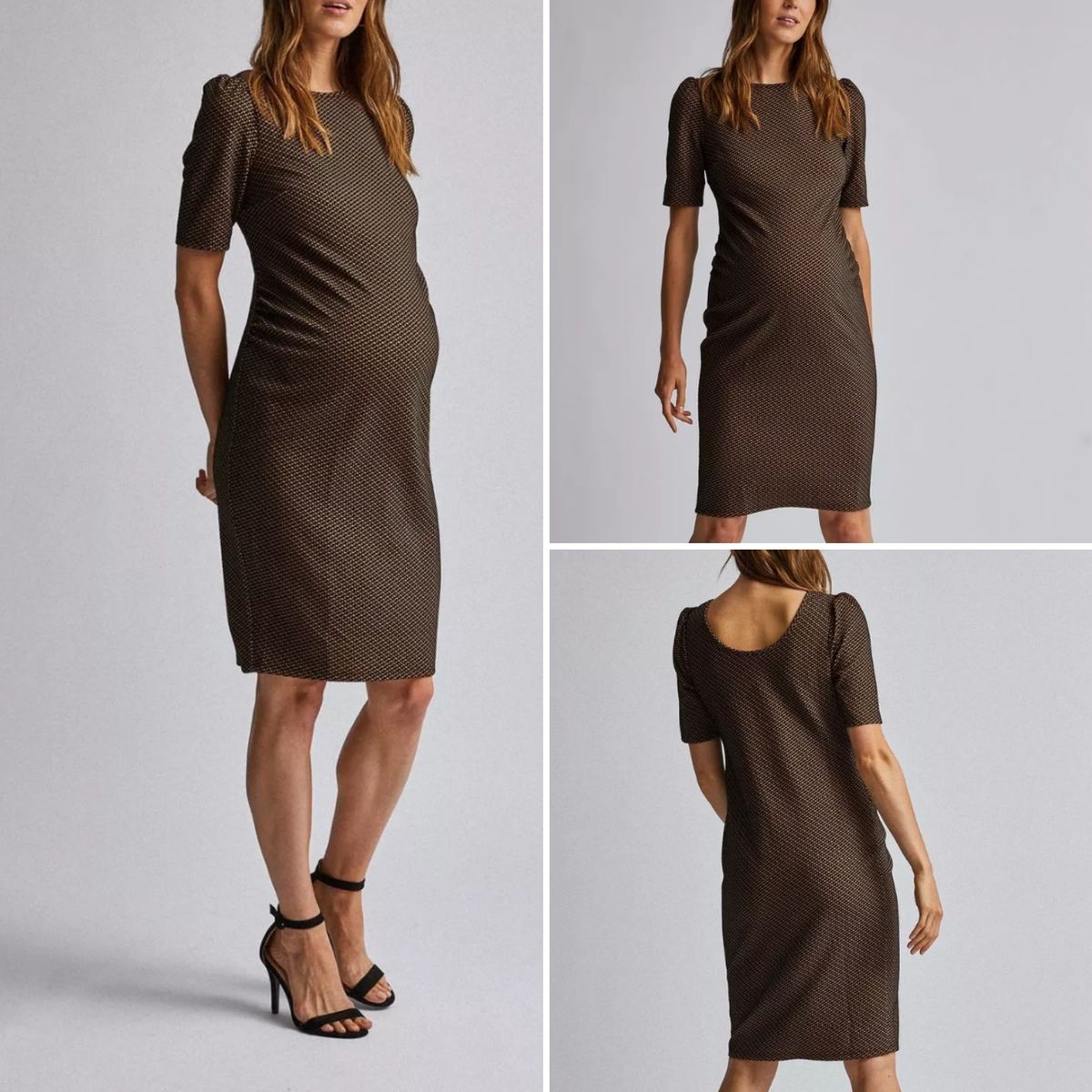 Geometric Ruched Side Brown And Black Maternity Dress