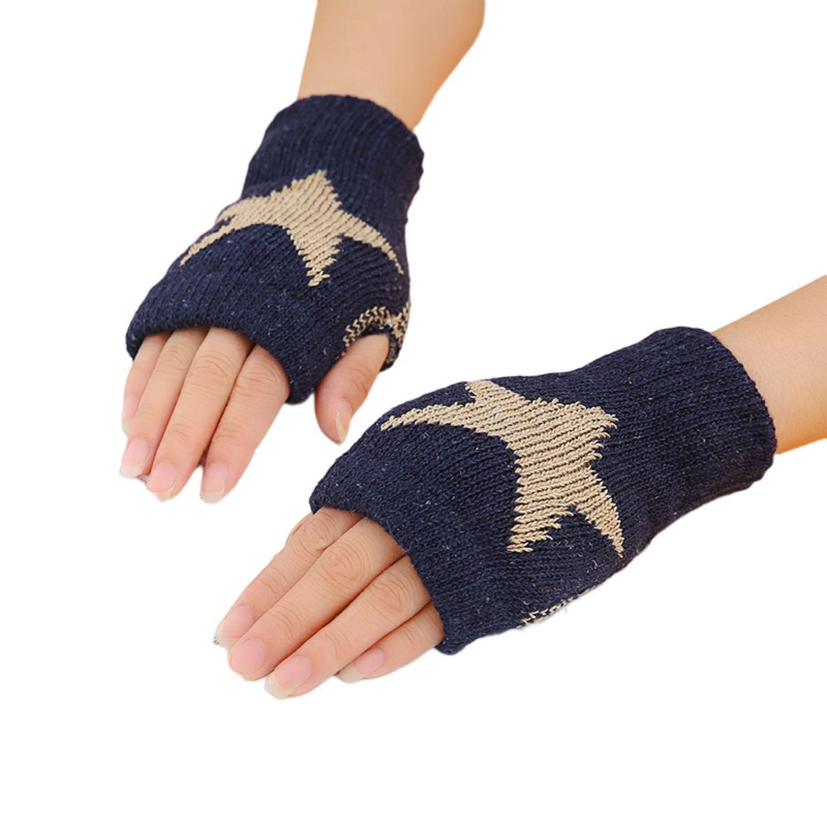 1 Pair Unisex Fall Winter Student Hand Warmth Fingerless Navy Blue
