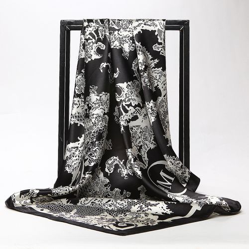 Scarf Silk Holiday Gift Shawl Wedding Big Square Satin Floral Shiny Lady Women Muslim Hijab Black