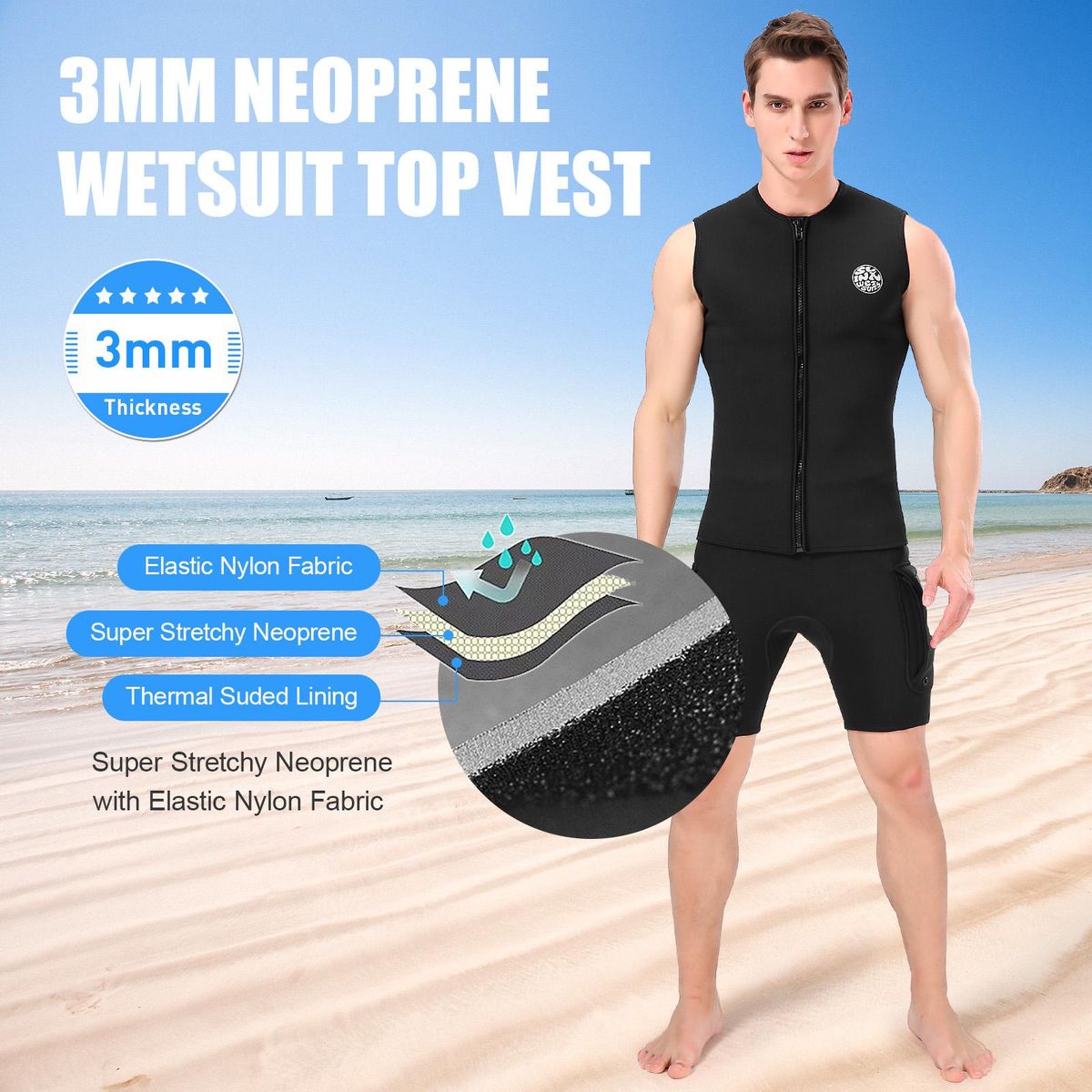 3mm Neoprene Wetsuit Top Vest Thermal Warm Sleeveless Vest for Diving Surfing Swimming Sailing