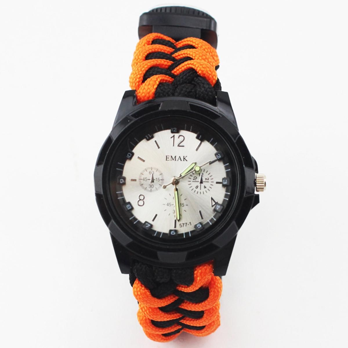 EMAK 7 in 1 multi-function outdoor sports first aid hand-woven bracelet umbrella rope camping hiking fashion watch accessories watch self-defense tool Orange Black