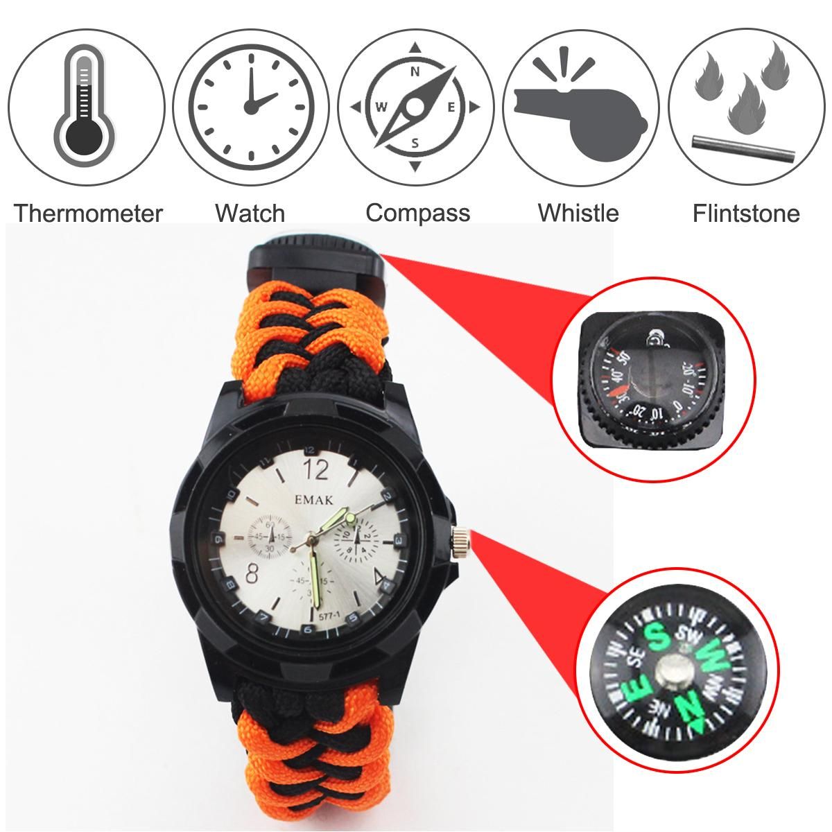 EMAK 7 in 1 multi-function outdoor sports first aid hand-woven bracelet umbrella rope camping hiking fashion watch accessories watch self-defense tool Orange Black