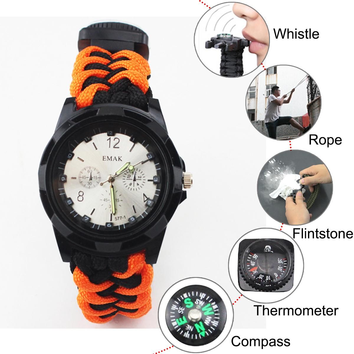 EMAK 7 in 1 multi-function outdoor sports first aid hand-woven bracelet umbrella rope camping hiking fashion watch accessories watch self-defense tool Orange Black