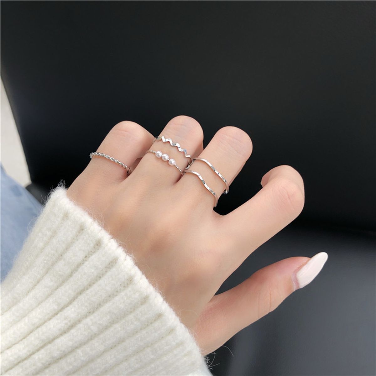 5Pcs Chic Rings Electroplating Curved Shape Rings Set Silver