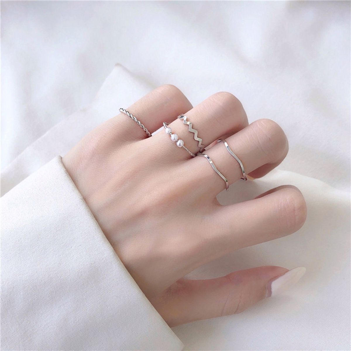 5Pcs Chic Rings Electroplating Curved Shape Rings Set Silver