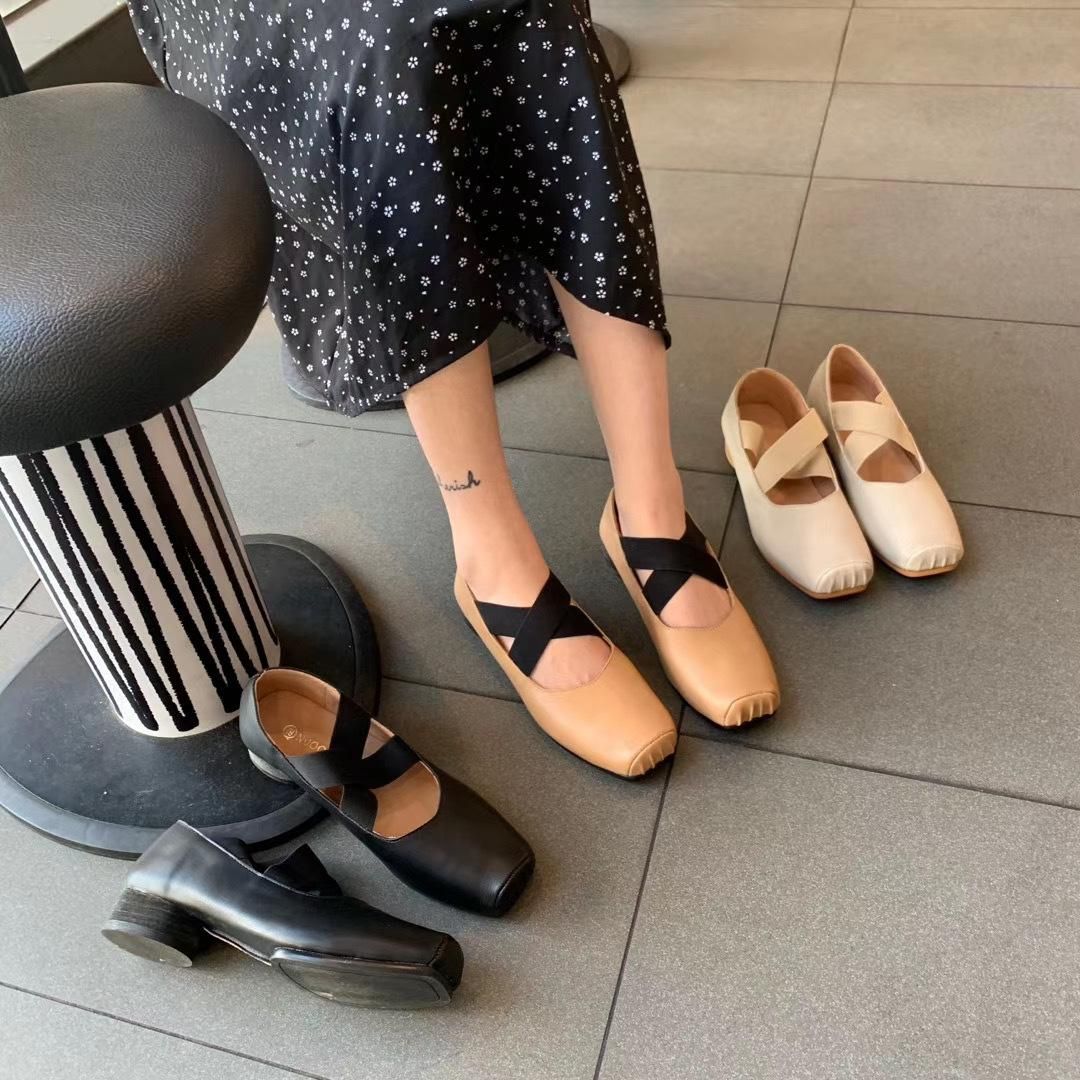 Pig Nose Square Head Ballet Shoes Flat Bottom Female Cross Strap Mary Jane Single Shoes Thick Heels
