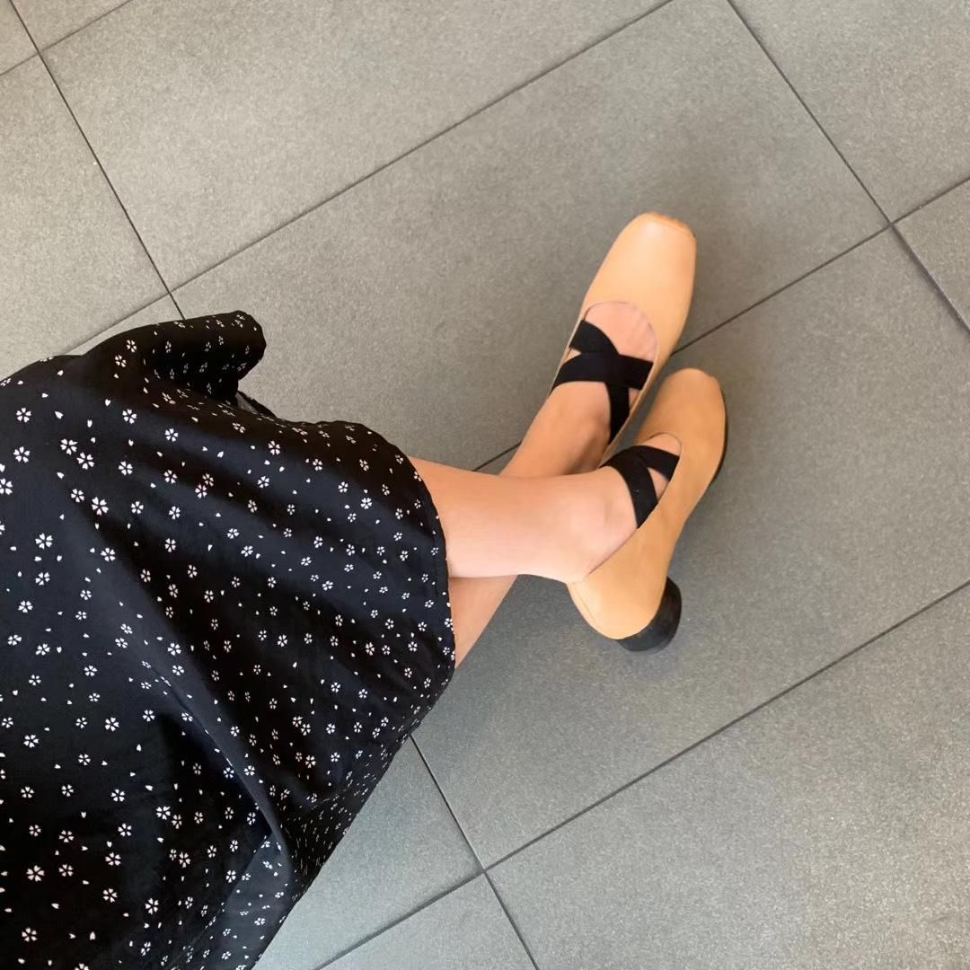 Pig Nose Square Head Ballet Shoes Flat Bottom Female Cross Strap Mary Jane Single Shoes Thick Heels