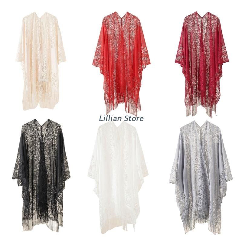(Burgundy)Women Summer Lace Bikini Swimsuit Cover Up Hollow Out Crochet Floral Fringe Tassels Open Front Cardigan Solid Color Oversize SMA