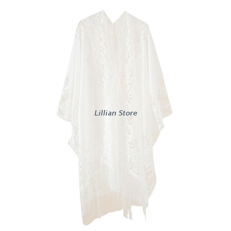 (Burgundy)Women Summer Lace Bikini Swimsuit Cover Up Hollow Out Crochet Floral Fringe Tassels Open Front Cardigan Solid Color Oversize SMA