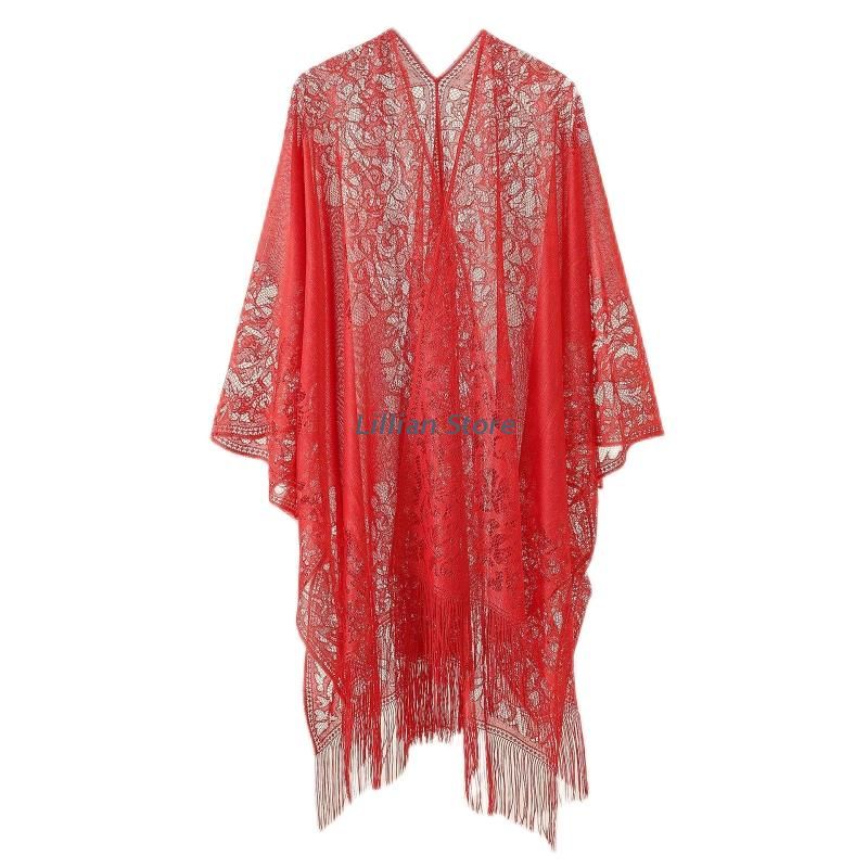 (Burgundy)Women Summer Lace Bikini Swimsuit Cover Up Hollow Out Crochet Floral Fringe Tassels Open Front Cardigan Solid Color Oversize SMA