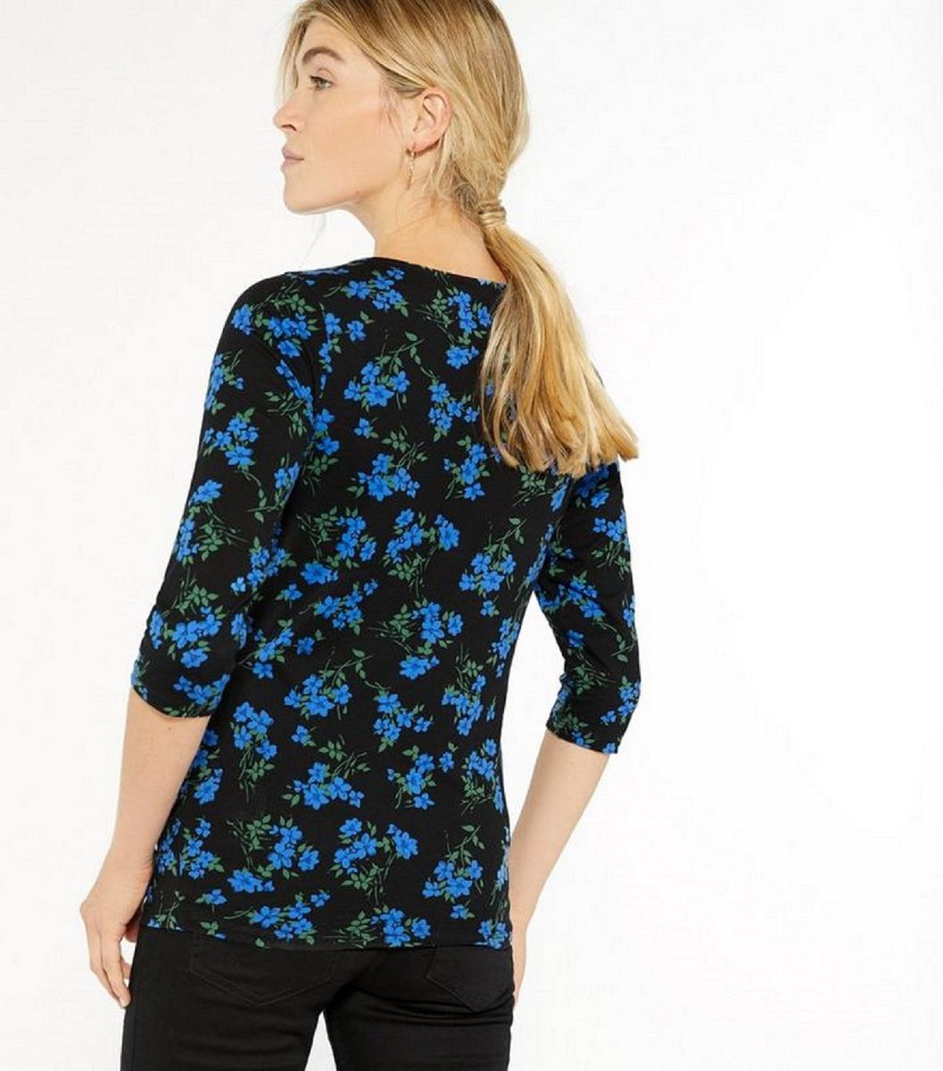 Floral V-neckline Blue & Black Maternity Top