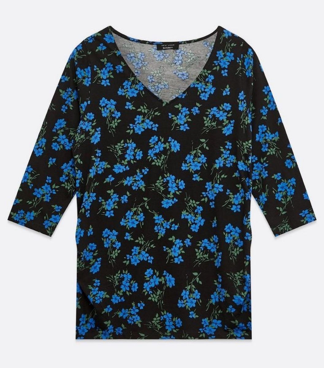 Floral V-neckline Blue & Black Maternity Top