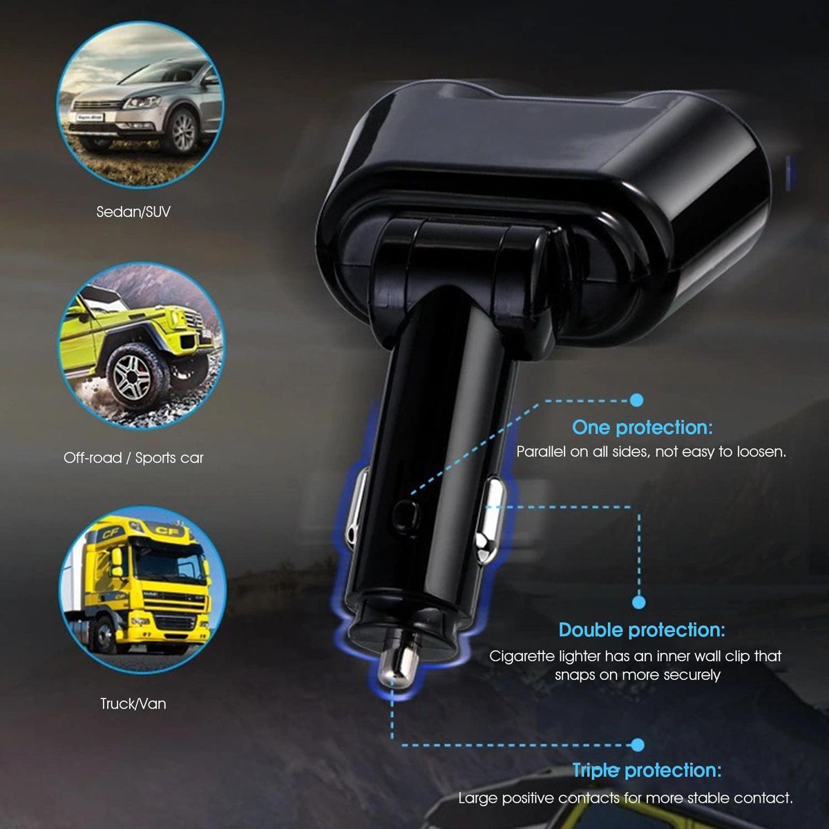 Charger Socket USB Car Socket Splitter Black
