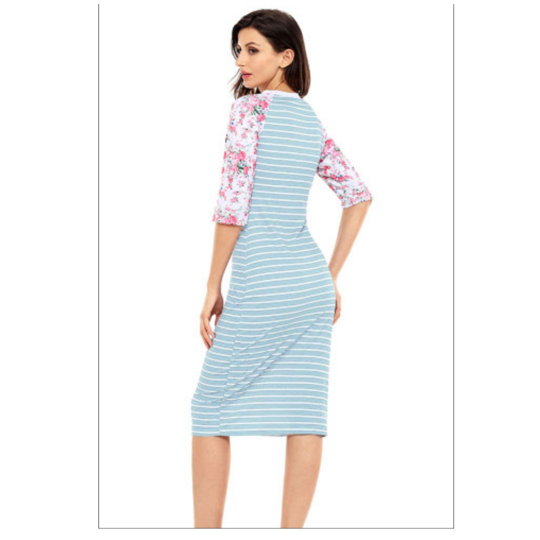 Mfed Blue White Stripe Floral Sleeve Midi Dress