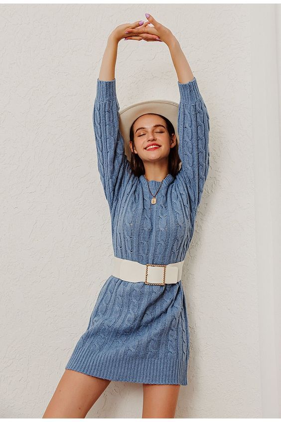 Ladies Cable Knit O-Neck Office Cardigan Sweater Dress Without Belt - Dusty Blue