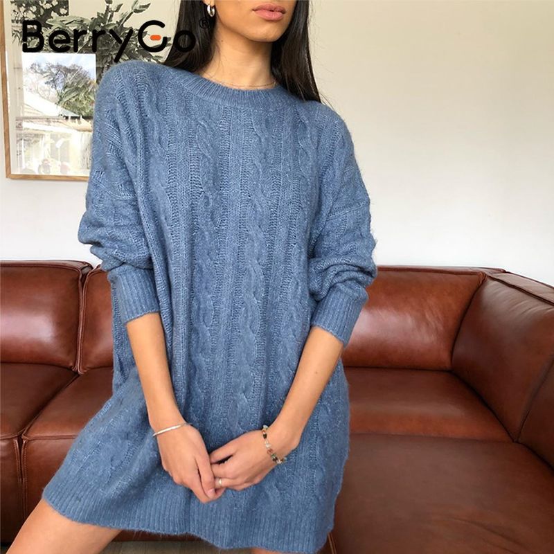 Ladies Cable Knit O-Neck Office Cardigan Sweater Dress Without Belt - Dusty Blue