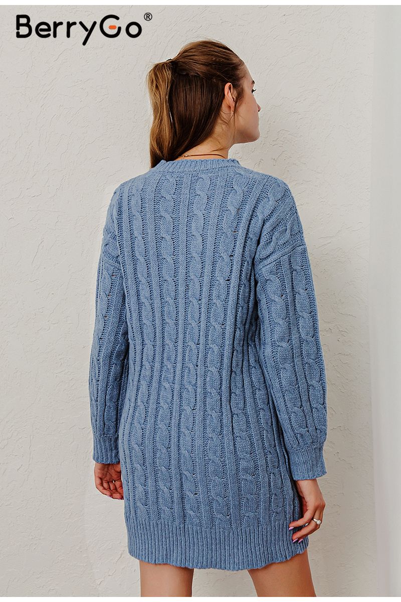 Ladies Cable Knit O-Neck Office Cardigan Sweater Dress Without Belt - Dusty Blue