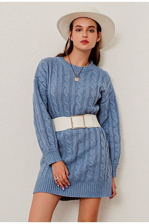 Ladies Cable Knit O-Neck Office Cardigan Sweater Dress Without Belt - Dusty Blue