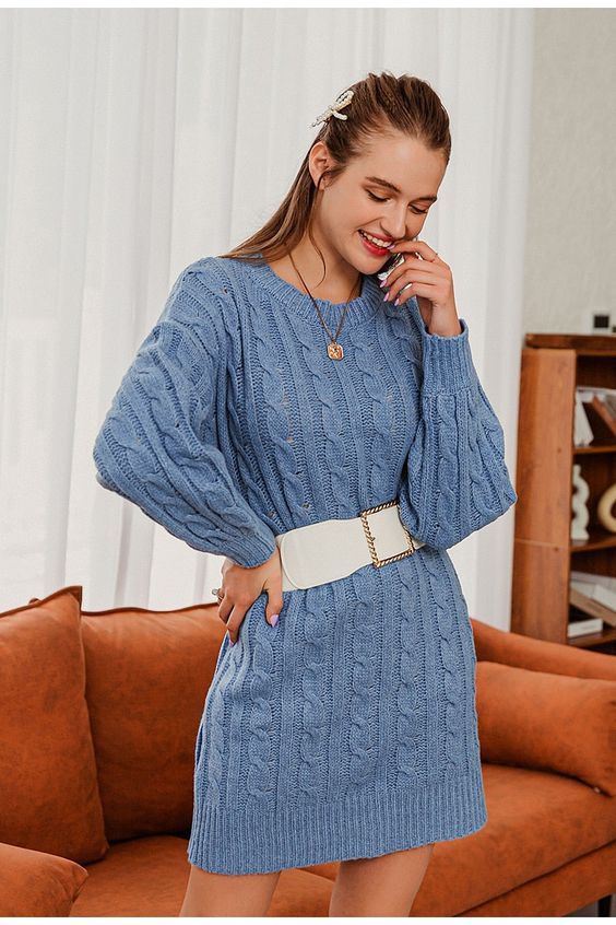 Ladies Cable Knit O-Neck Office Cardigan Sweater Dress Without Belt - Dusty Blue