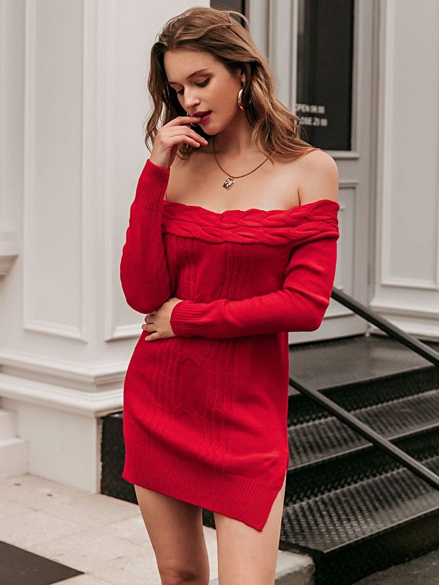 Ladies Off Shoulder Slit Hem Cable Knit Sweater Party Dress Without Belt - Red