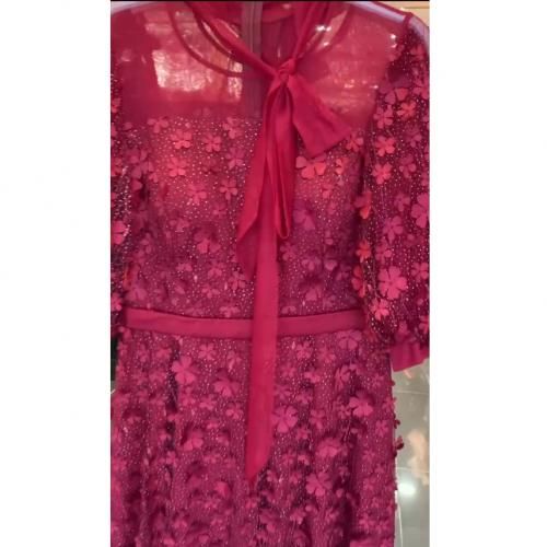 Turkey Lacey Tie Neck Over Knees Length Dress-Wine