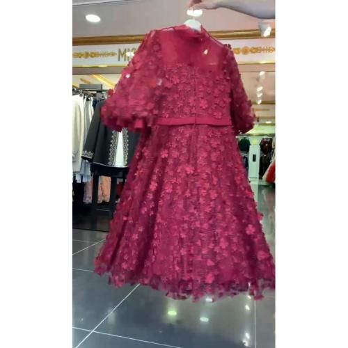 Turkey Lacey Tie Neck Over Knees Length Dress-Wine