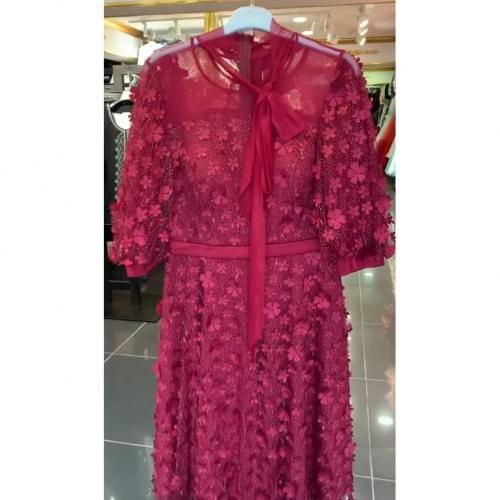 Turkey Lacey Tie Neck Over Knees Length Dress-Wine