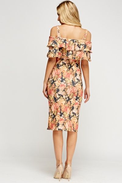 Frilled Cold Shoulder Floral Dress