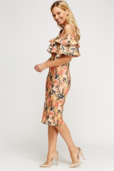 Frilled Cold Shoulder Floral Dress