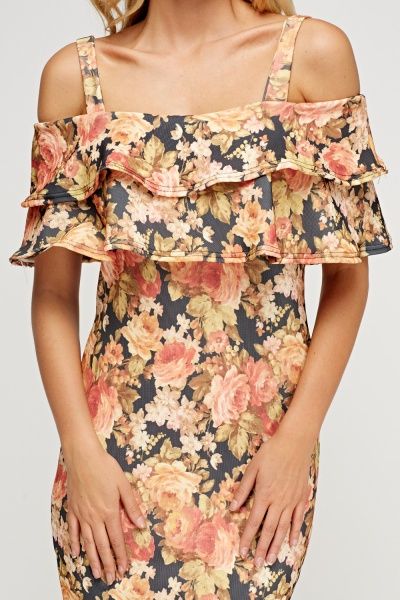 Frilled Cold Shoulder Floral Dress