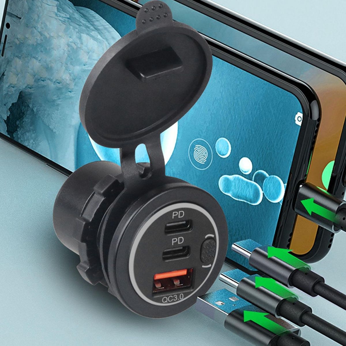 USB Car Charger Three Port Fast Car Adapter Red