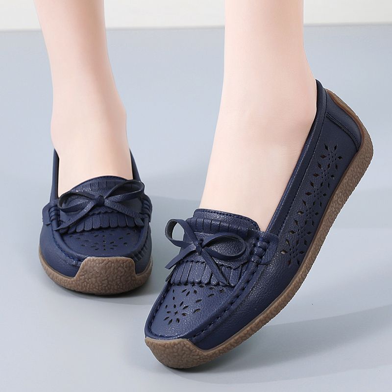 EUR Size 35-44 NEW Women Shoes Oxford Flats Shoes Woman Soft Bottom Cow Leather Women Flats Cut-Outs Summer Hollow Women's Loafers Female Solid Fashion Comfy Slip On Casual Shoes Ladies Ballet Flats Blue