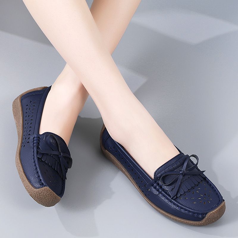 EUR Size 35-44 NEW Women Shoes Oxford Flats Shoes Woman Soft Bottom Cow Leather Women Flats Cut-Outs Summer Hollow Women's Loafers Female Solid Fashion Comfy Slip On Casual Shoes Ladies Ballet Flats Blue