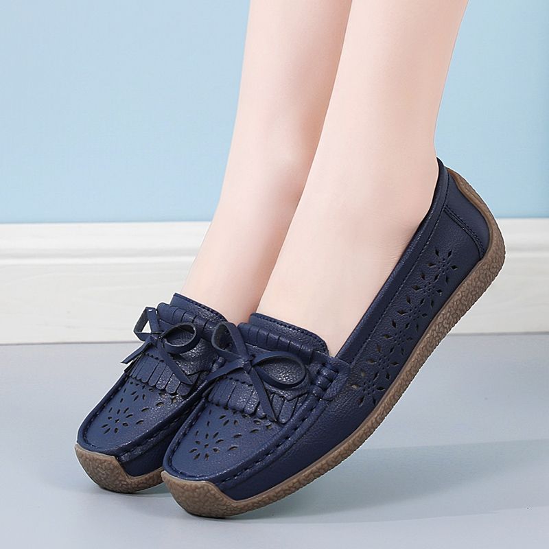 EUR Size 35-44 NEW Women Shoes Oxford Flats Shoes Woman Soft Bottom Cow Leather Women Flats Cut-Outs Summer Hollow Women's Loafers Female Solid Fashion Comfy Slip On Casual Shoes Ladies Ballet Flats Blue