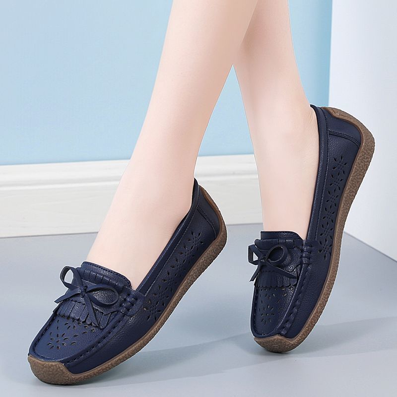EUR Size 35-44 NEW Women Shoes Oxford Flats Shoes Woman Soft Bottom Cow Leather Women Flats Cut-Outs Summer Hollow Women's Loafers Female Solid Fashion Comfy Slip On Casual Shoes Ladies Ballet Flats Blue