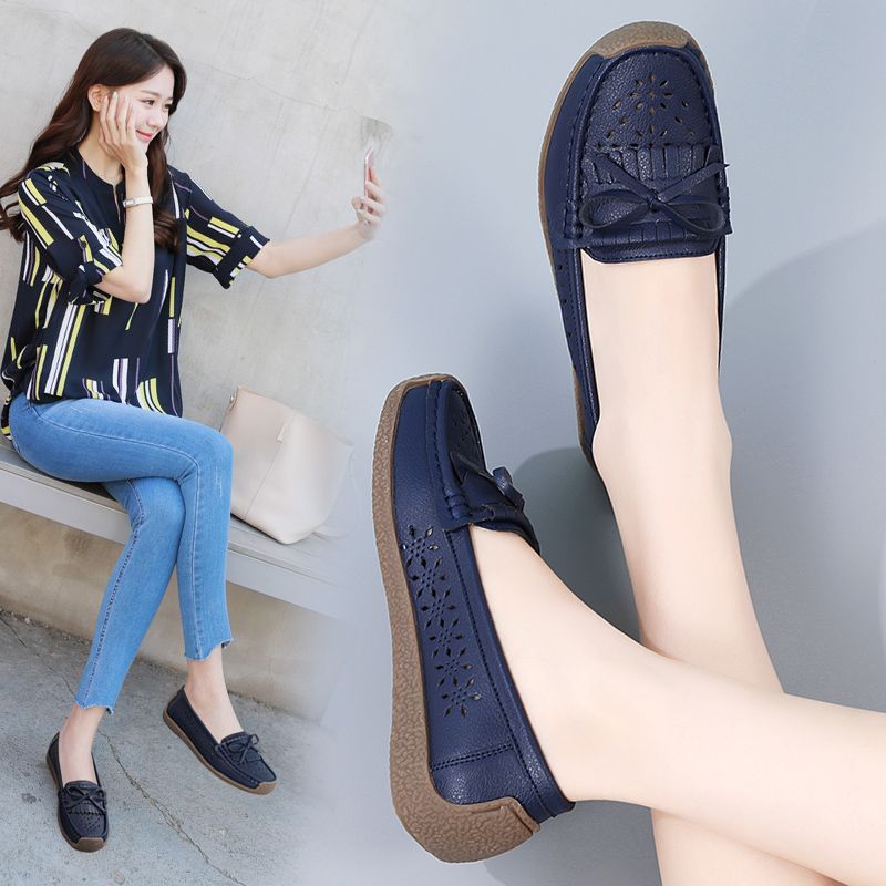 EUR Size 35-44 NEW Women Shoes Oxford Flats Shoes Woman Soft Bottom Cow Leather Women Flats Cut-Outs Summer Hollow Women's Loafers Female Solid Fashion Comfy Slip On Casual Shoes Ladies Ballet Flats Blue