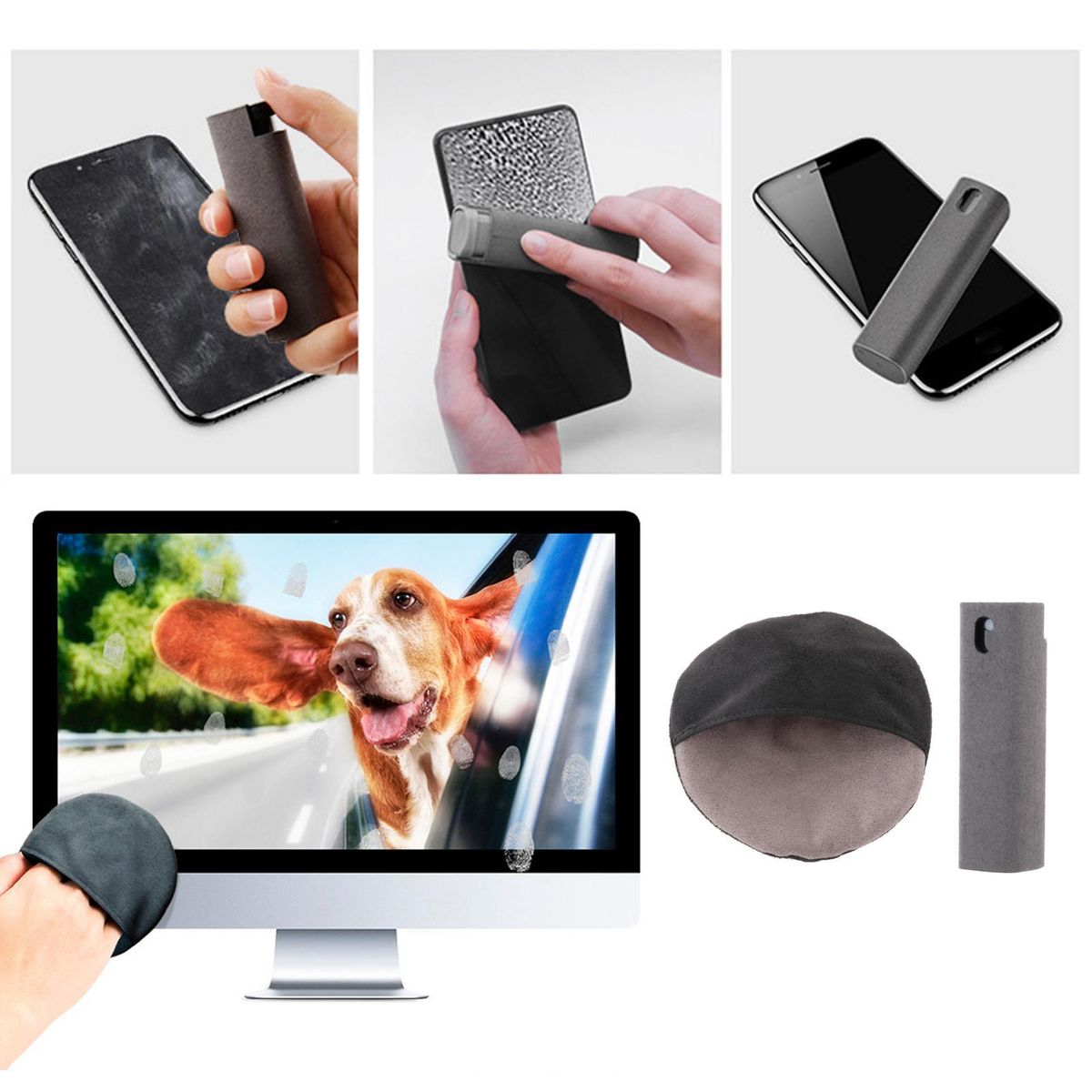 2 In 1 Phone Screen Cleaner Microfiber Cloth Set 1x Cloth 1x Bottle