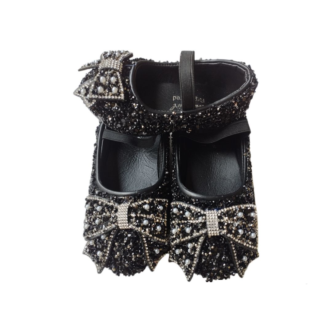 Girls Bow Shimmer Glitter Shinning Christmas Party Flat Shoe Birthday-Black
