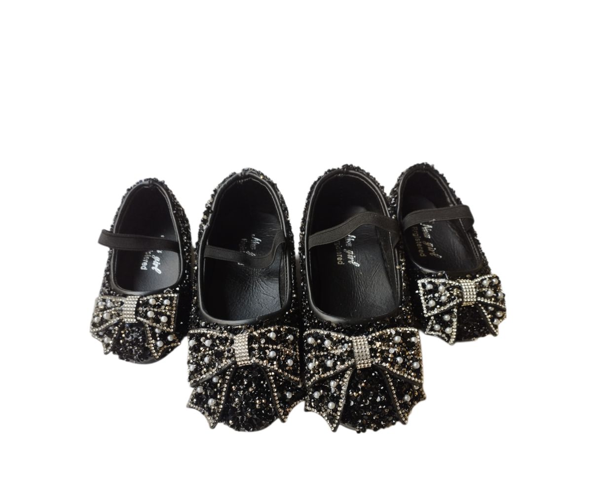 Girls Bow Shimmer Glitter Shinning Christmas Party Flat Shoe Birthday-Black