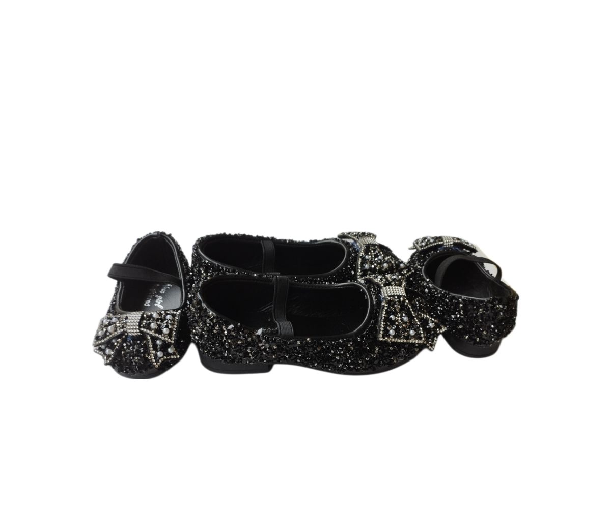 Girls Bow Shimmer Glitter Shinning Christmas Party Flat Shoe Birthday-Black