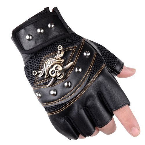 Pirate Captain PU Leather Fingerless Gloves Men Women Skulls Rivet Mitts Hip Hop Gym Gloves Female Moto Half Finger Men's Gloves(#Black)