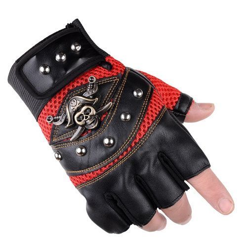 Pirate Captain PU Leather Fingerless Gloves Men Women Skulls Rivet Mitts Hip Hop Gym Gloves Female Moto Half Finger Men's Gloves(#Black)