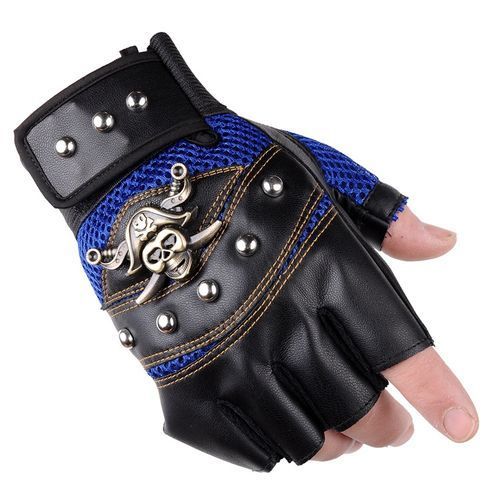 Pirate Captain PU Leather Fingerless Gloves Men Women Skulls Rivet Mitts Hip Hop Gym Gloves Female Moto Half Finger Men's Gloves(#Black)