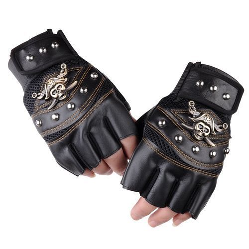Pirate Captain PU Leather Fingerless Gloves Men Women Skulls Rivet Mitts Hip Hop Gym Gloves Female Moto Half Finger Men's Gloves(#Black)